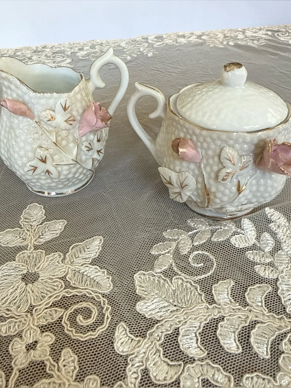 Vintage Japanese Porcelain Demi Creamer Sugar Set Hobnail 3D Pink Rose